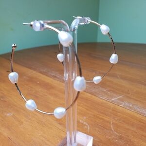 NWOT gold colored hoops with white beads, 2 inches